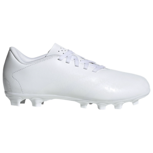 youth-sized adidas Predator Accuracy.4 FxG football cleat in white with textured synthetic upper, lace-up design, and low-profile studs.