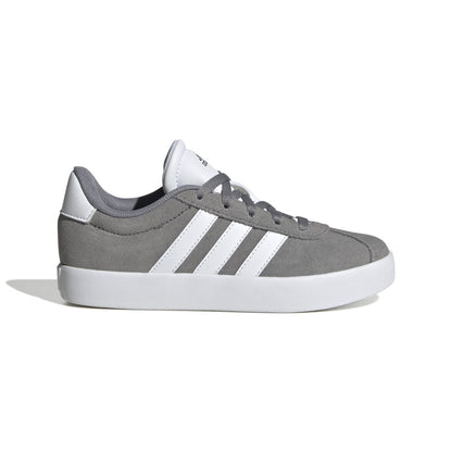Gray adidas Youth VL Court 3.0 sneakers with white stripes and rubber sole, side view.