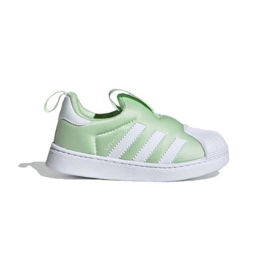 adidas Superstar 360 Infant Sneaker in black with white shell toe and 3-Stripes, featuring a stretchy slip-on design.









