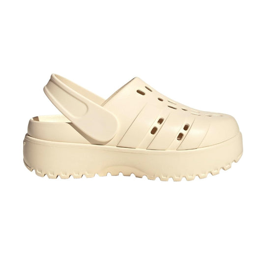 adidas Women's Adilette Clog Platform Slide Sandals in white with black 3-Stripes and chunky sole










