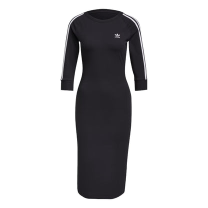adidas Women’s 3 Stripes Dress in black with white 3-Stripes on sleeves and white Trefoil logo on chest.