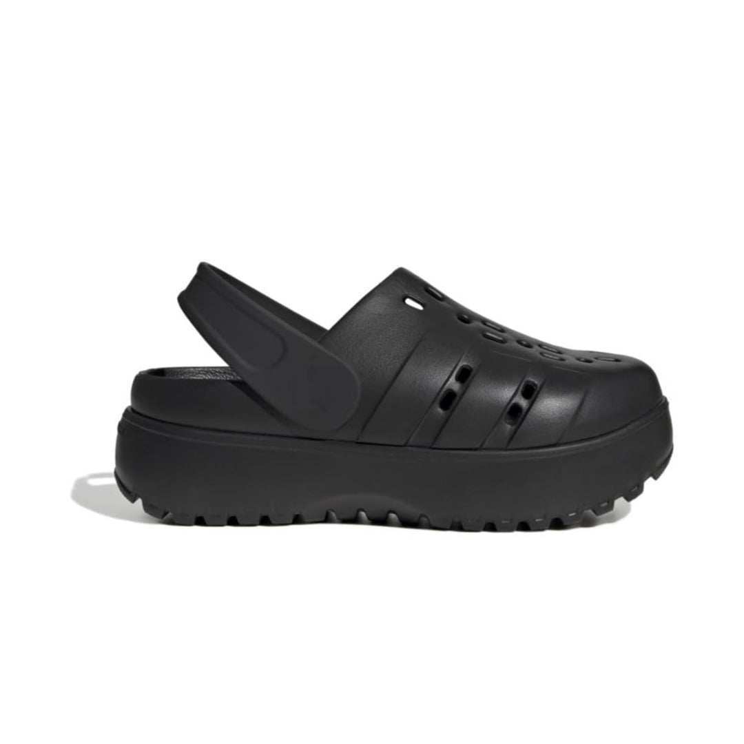 adidas Women's Adilette Clog Platform Slide Sandals in white with black 3-Stripes and chunky sole









