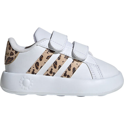 adidas Baby-Boy's Grand Court 2.0 Hook and Loop Sneaker in white with black 3-Stripes and dual strap closure.