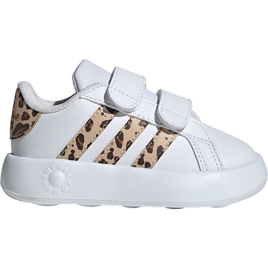 adidas Baby-Boy's Grand Court 2.0 Hook and Loop Sneaker in white with black 3-Stripes and dual strap closure.