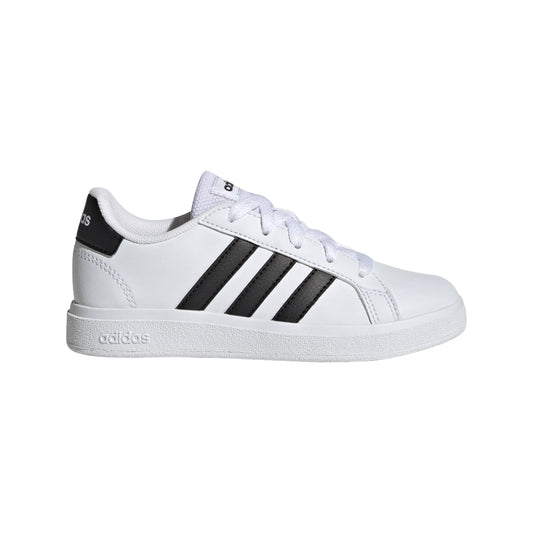 adidas Kids’ Grand Court 2.0 Tennis Shoe in white with classic 3‑Stripes and durable rubber sole.









