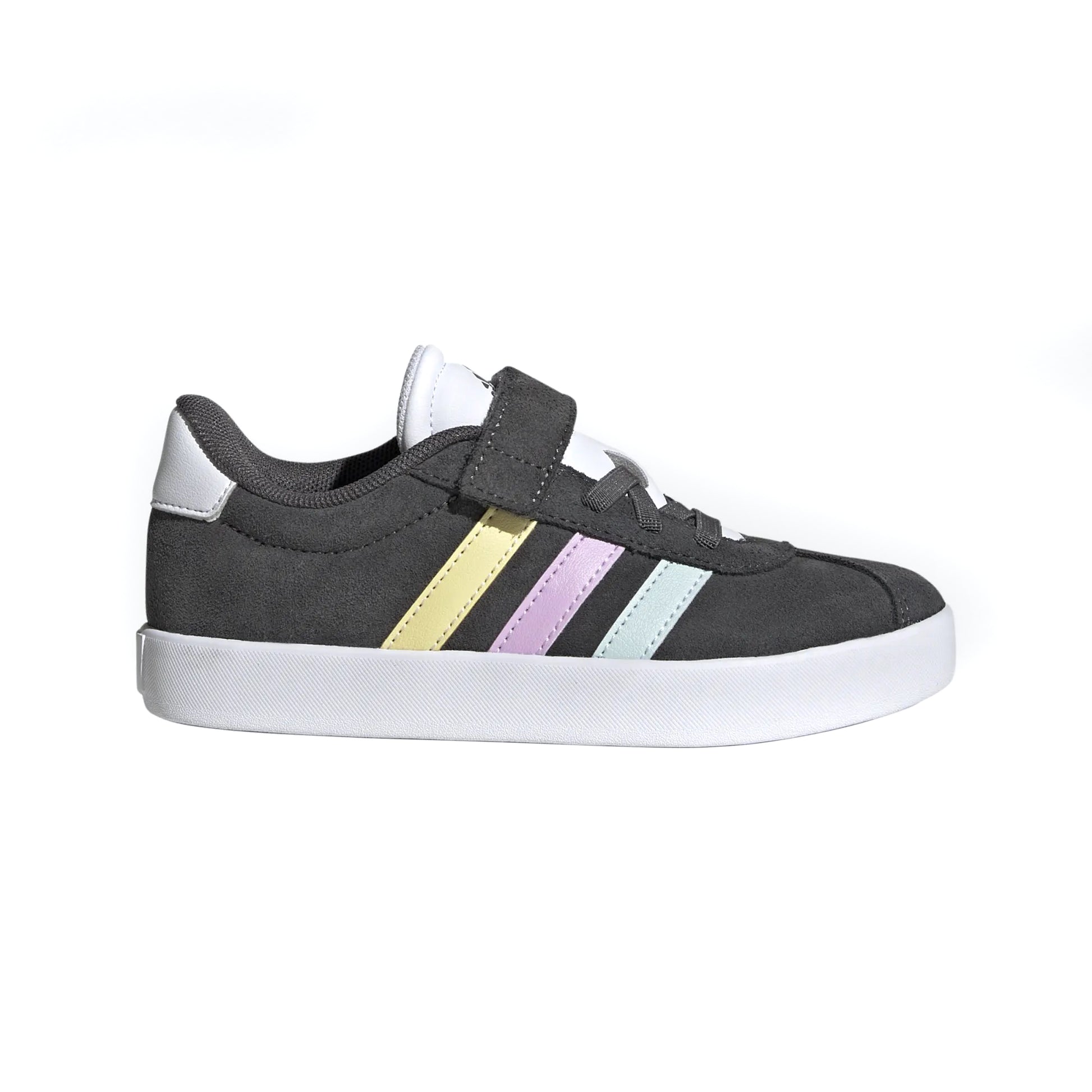 adidas VL Court 3.0 EL C Sneaker for kids with grey suede-like upper, elastic laces, and hook-and-loop strap closure.









