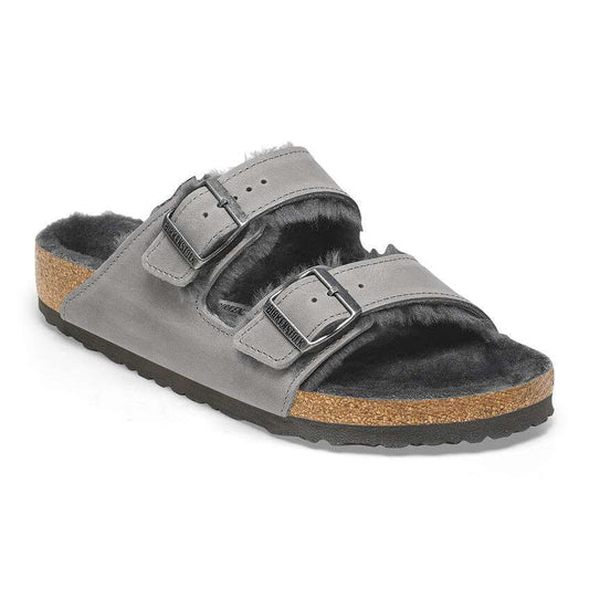 Birkenstock Arizona Shearling Oiled Leather Sandal - Iron, a cozy and stylish choice for colder seasons